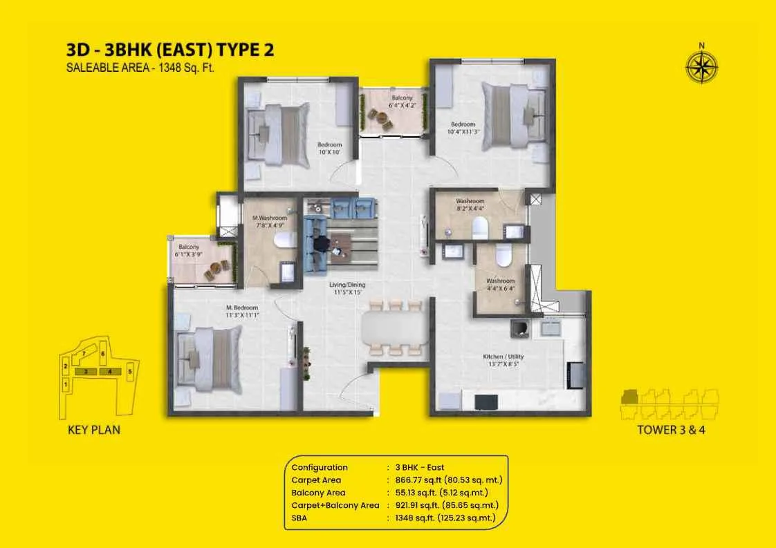 Shriram Codename Pudhiya Chennai 3 BHK East Type 2 floor plan layout, 1348 square feet