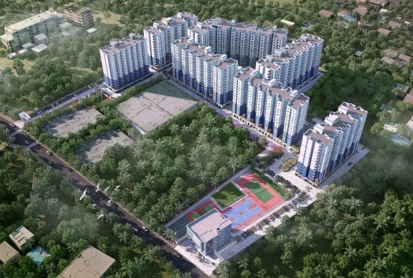 Representative aerial render of Shriram Codename Pudhiya Chennai towers, tennis and basketball courts and clubhouse, Kuthambakkam