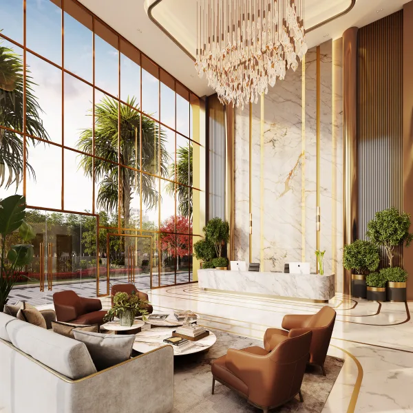 Representative render of a double-height entrance lobby interior, as listed for Shriram Codename Pudhiya Chennai