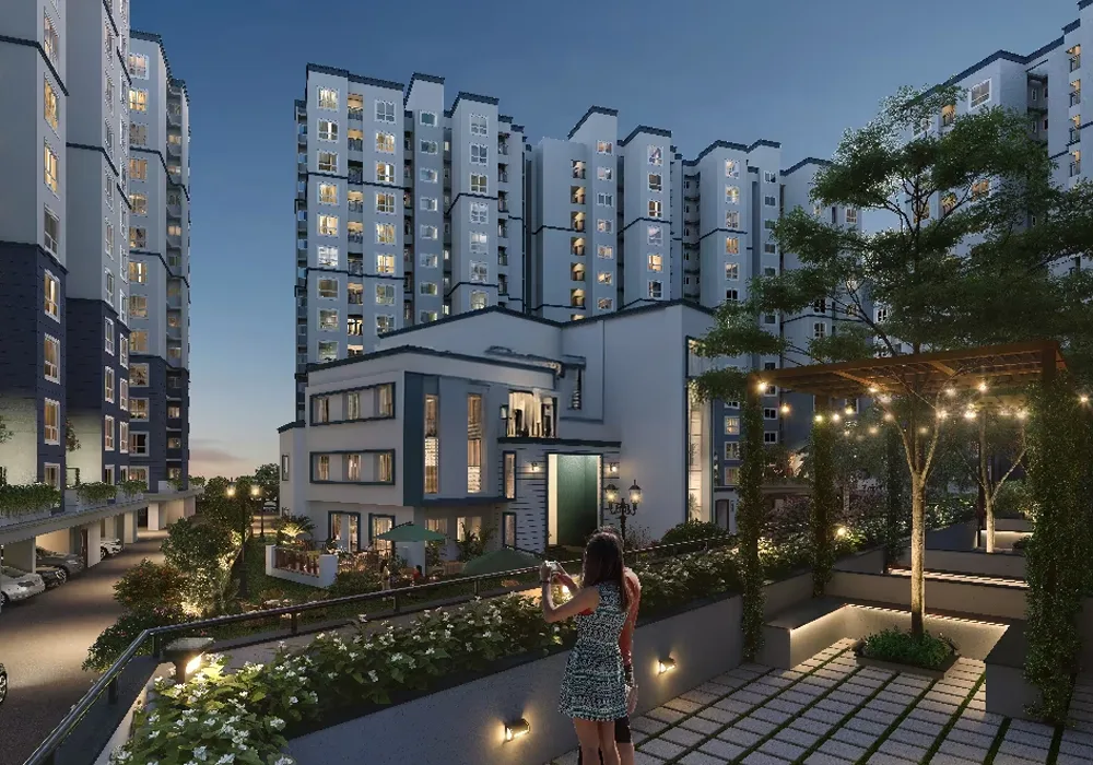 Representative render of the landscaped deck and pergola lights beside the clubhouse at Shriram Codename Pudhiya Chennai, Kuthambakkam