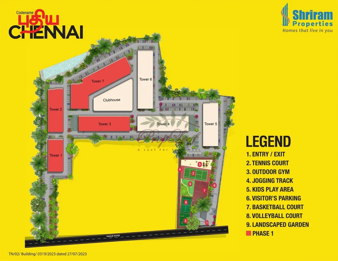 Shriram Codename Pudhiya Chennai master plan showing 7 towers, clubhouse, tennis court and Phase 1 towers off Padur Road
