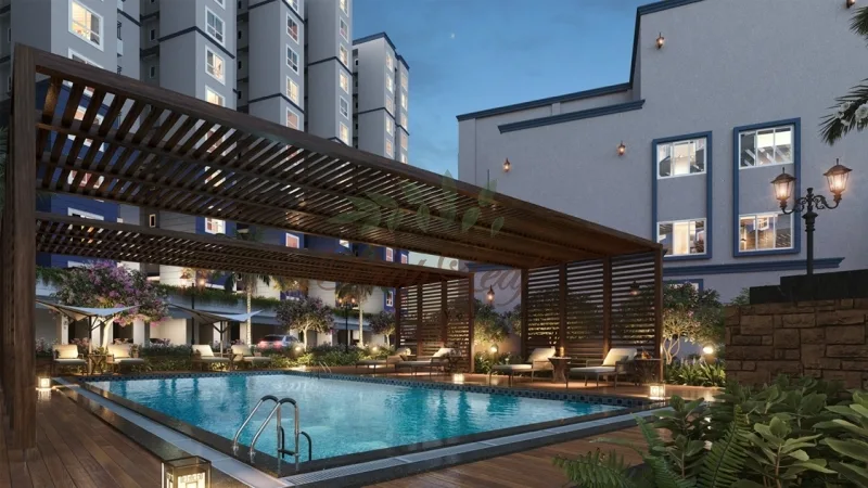 Representative render of the swimming pool and timber pergola at Shriram Codename Pudhiya Chennai, Kuthambakkam