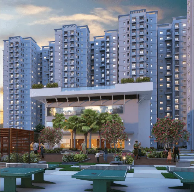 Representative render of outdoor table tennis tables in front of a clubhouse, as listed for Shriram Codename Pudhiya Chennai