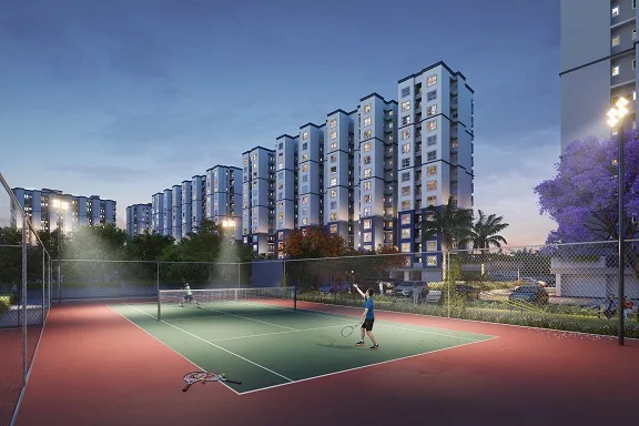Representative render of the floodlit tennis court at dusk at Shriram Codename Pudhiya Chennai, Kuthambakkam