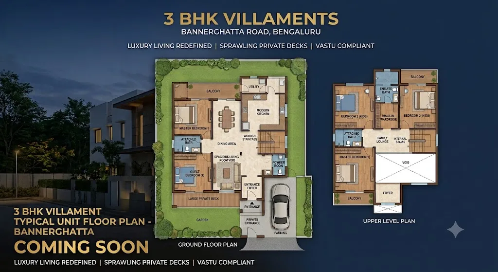 Shriram Codename Reserve 3 BHK duplex villament typical floor plan showing ground and upper level layout