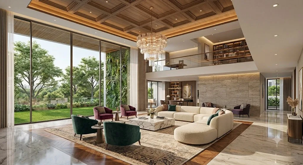 Shriram Codename Reserve villament double-height living room interior with garden view