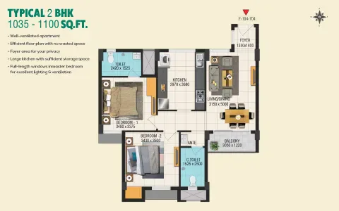 Shriram Shankari 2 BHK Tower 27 unit plan floor layout, 1035 to 1100 square feet