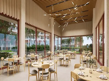 Representative image of a clubhouse cafeteria with dining tables, as listed for Sobha Wisteria Egattur