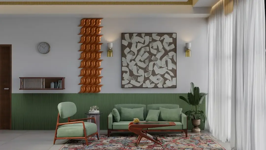 Representative image of a living room with green panelling, similar to apartment interiors planned at Sobha Wisteria Egattur OMR