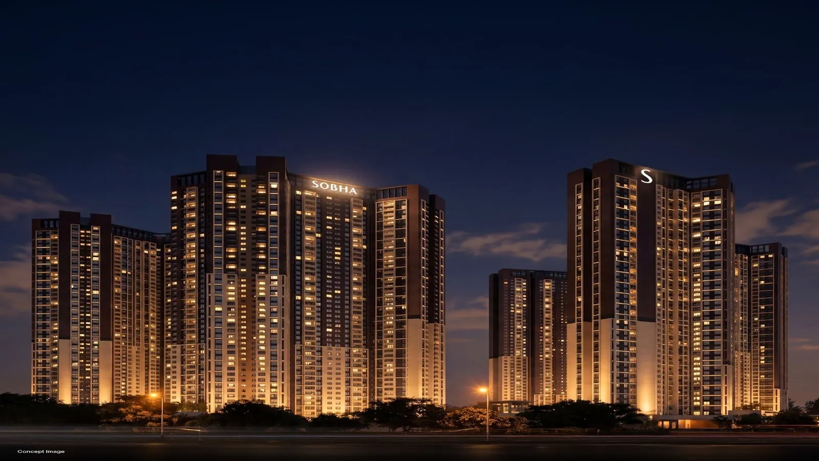 Representative concept render of Sobha high-rise towers at night, indicative of Sobha Wisteria Egattur OMR Chennai