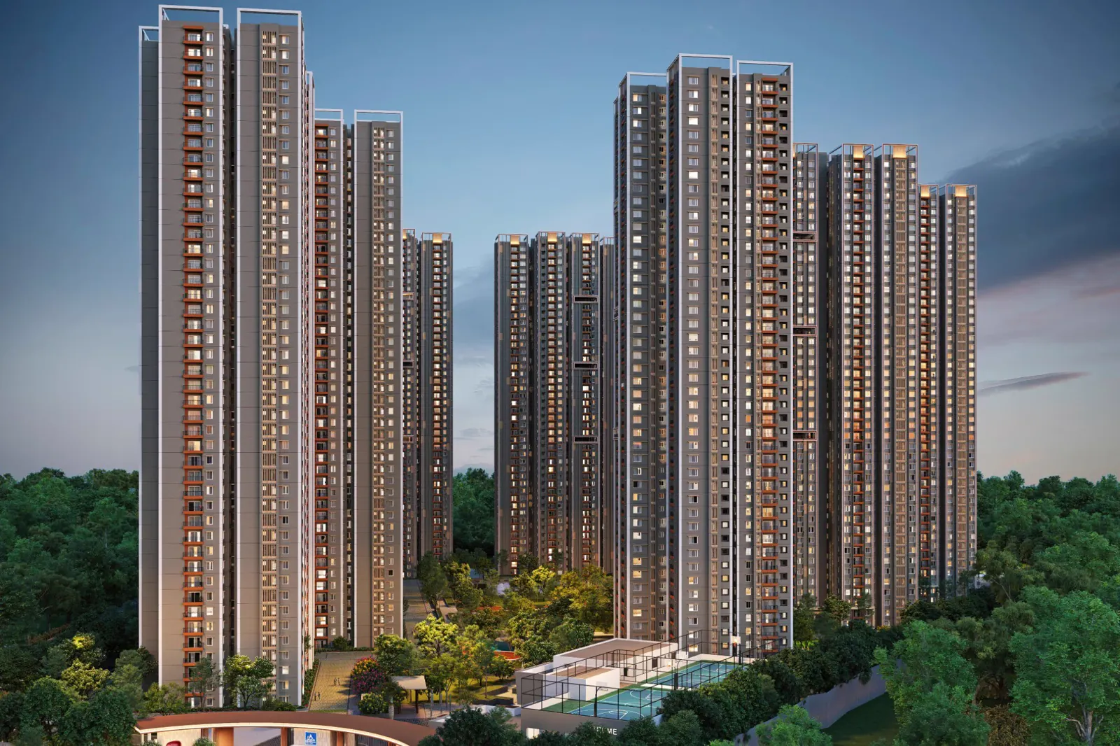 Representative render of high-rise residential towers with a podium sports court, similar to the planned Sobha Wisteria Egattur