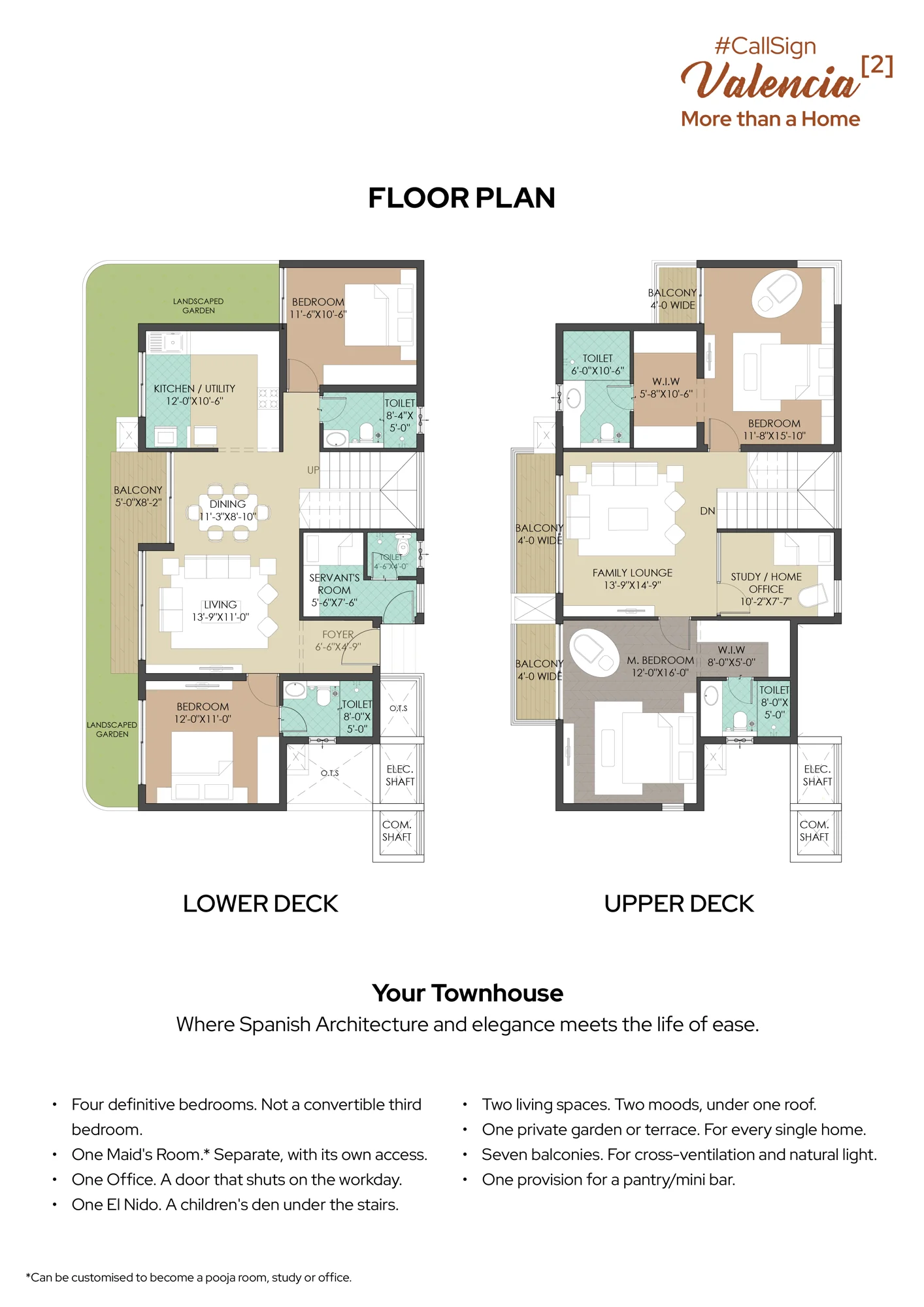 CallSign Valencia 2 duplex floor plan showing lower deck and upper deck with four bedrooms, maid's room and study