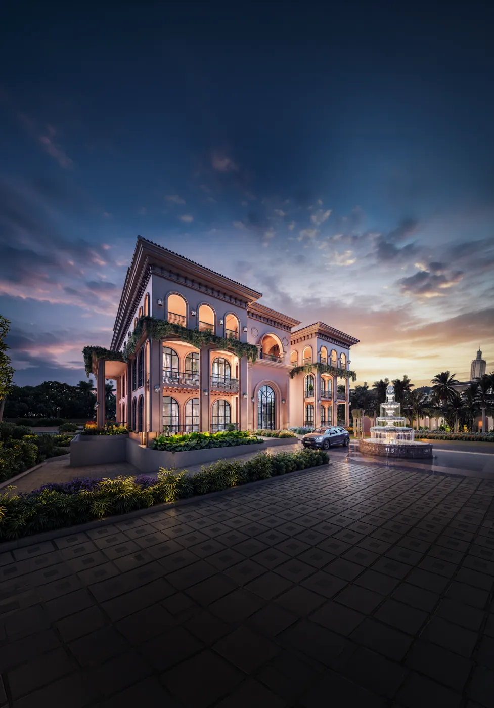 CallSign Valencia 2 Ileseum branded clubhouse at dusk, AI-generated artist's impression