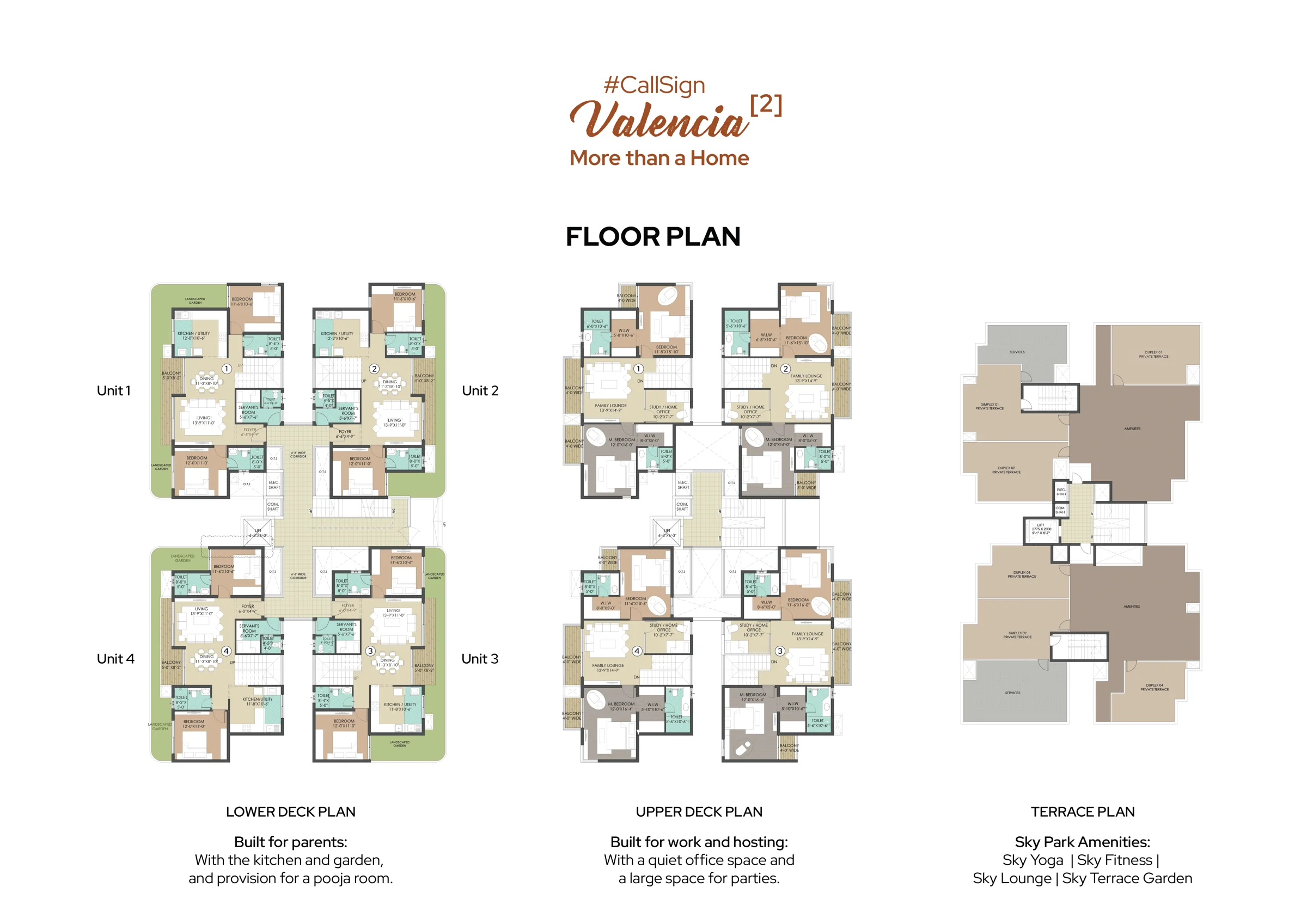 CallSign Valencia 2 tower floor plans: four corner duplex units per floor and terrace plan with sky park amenities