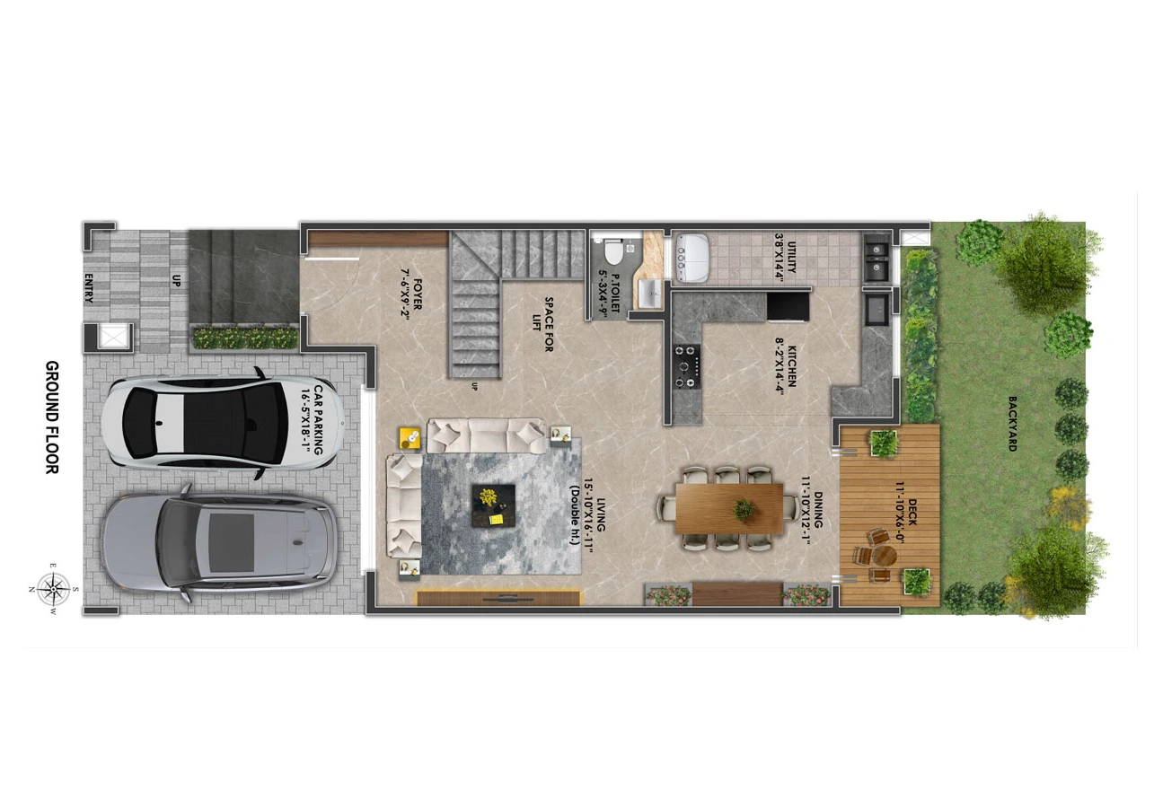 Surya Valencia 4 BHK ground floor plan with car parking and backyard deck