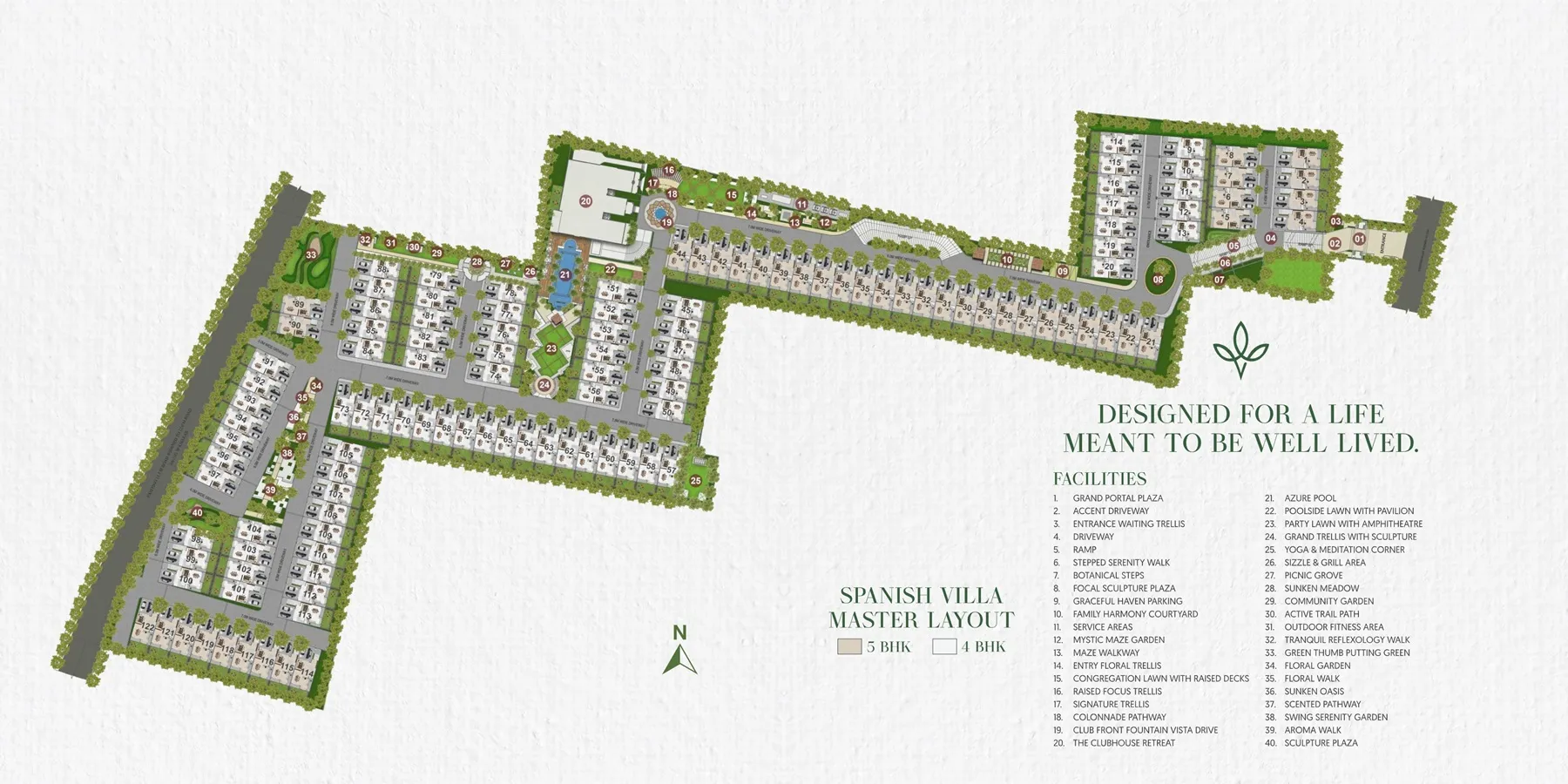 Surya Valencia Spanish Villa master layout plan with 40 facilities