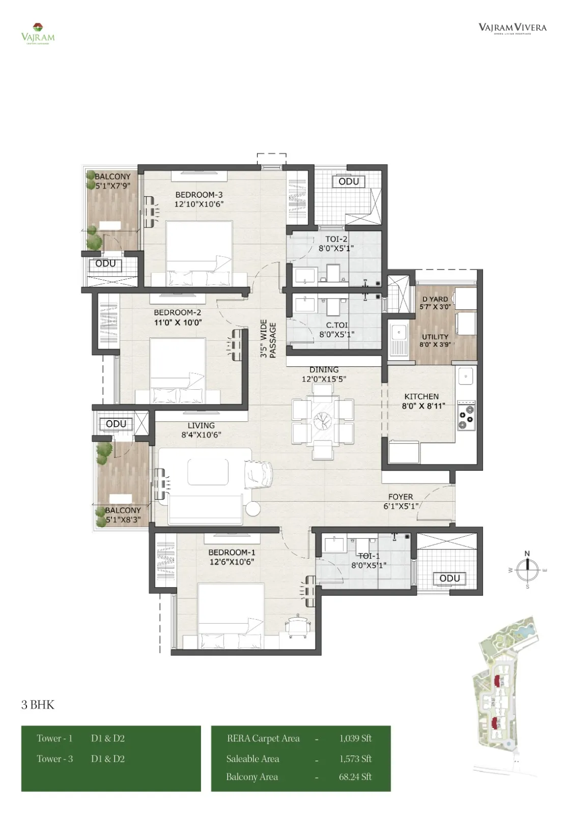 Vajram Vivera 3 BHK 1573 Sq.Ft Floor Plan