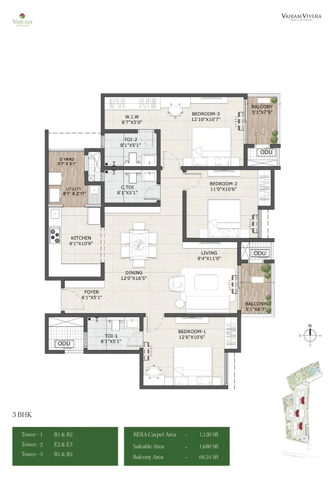 Vajram Vivera 3 BHK 1680 Sq.Ft Floor Plan