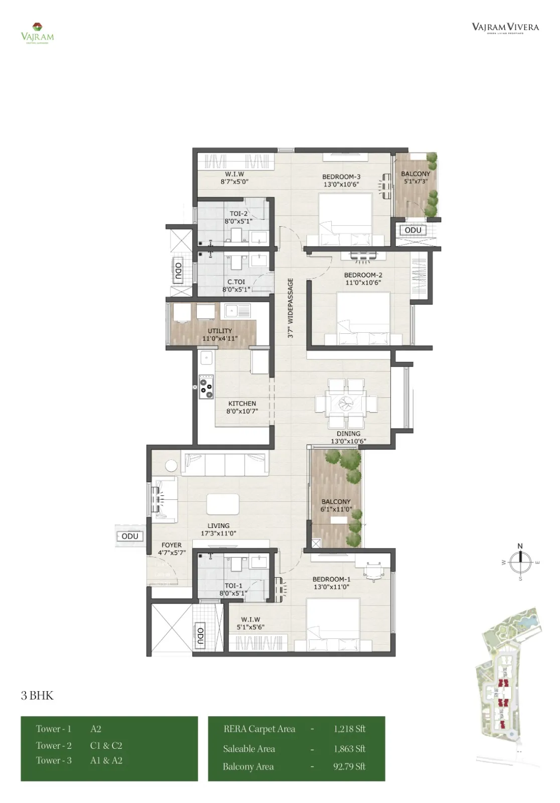 Vajram Vivera 3 BHK 1863 Sq.Ft Floor Plan