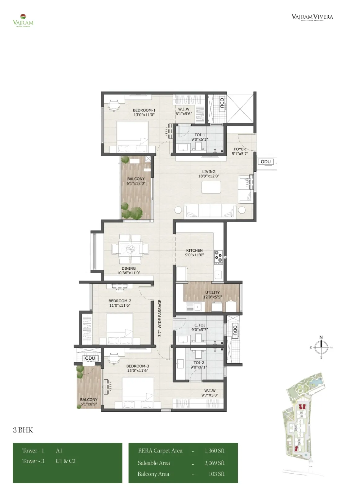 Vajram Vivera 3 BHK 2069 Sq.Ft Floor Plan