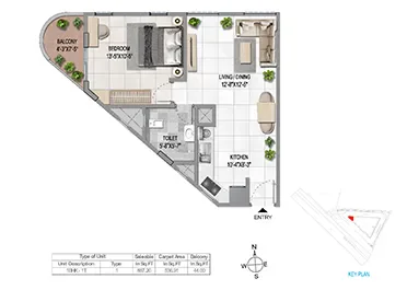Sattva Vasanta Cove 1 BHK floor plan layout option 1, 887-952 sq ft