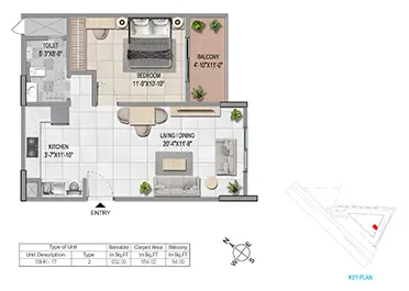 Sattva Vasanta Cove 1 BHK floor plan layout option 2, 887-952 sq ft