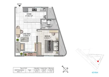 Sattva Vasanta Cove 1 BHK floor plan layout option 3, 887-952 sq ft