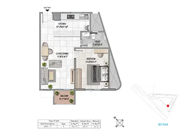 Sattva Vasanta Cove 1 BHK floor plan layout option 4, 887-952 sq ft