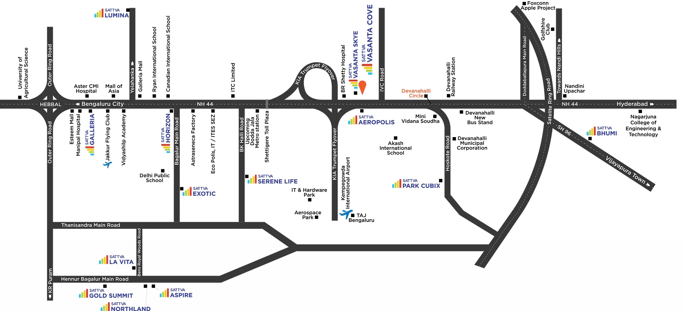 Sattva Vasanta Cove Devanahalli location map showing Bellary Road and Kempegowda Airport