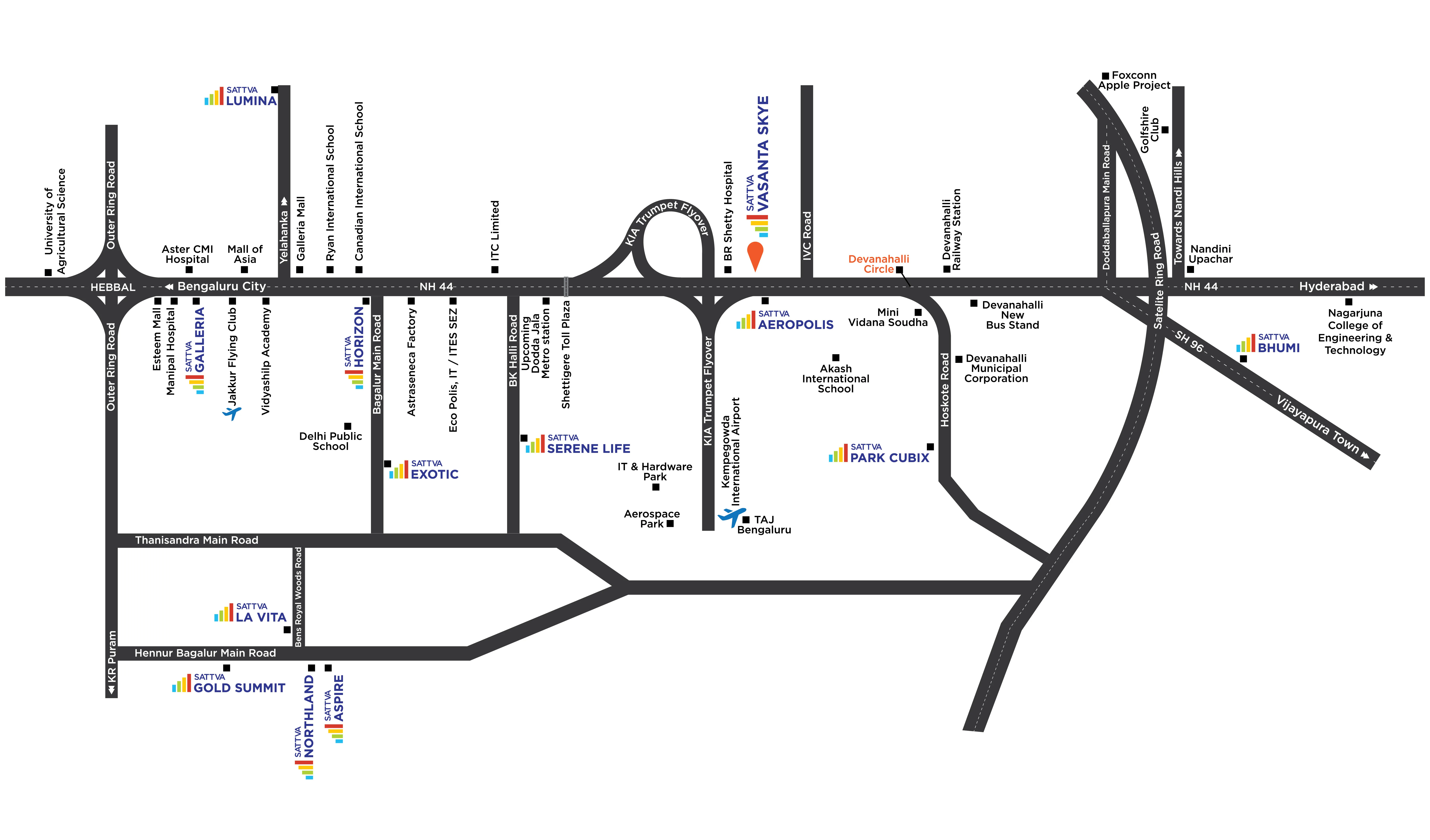 Sattva Vasanta Skye Devanahalli location map showing Bellary Road and Kempegowda Airport