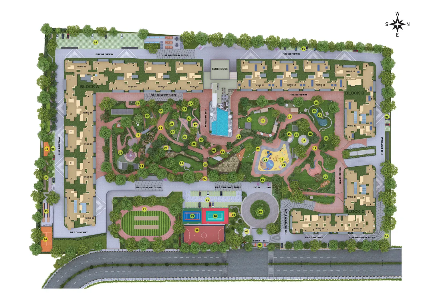 Sattva Vasanta Skye master plan layout showing towers, clubhouses and central parks