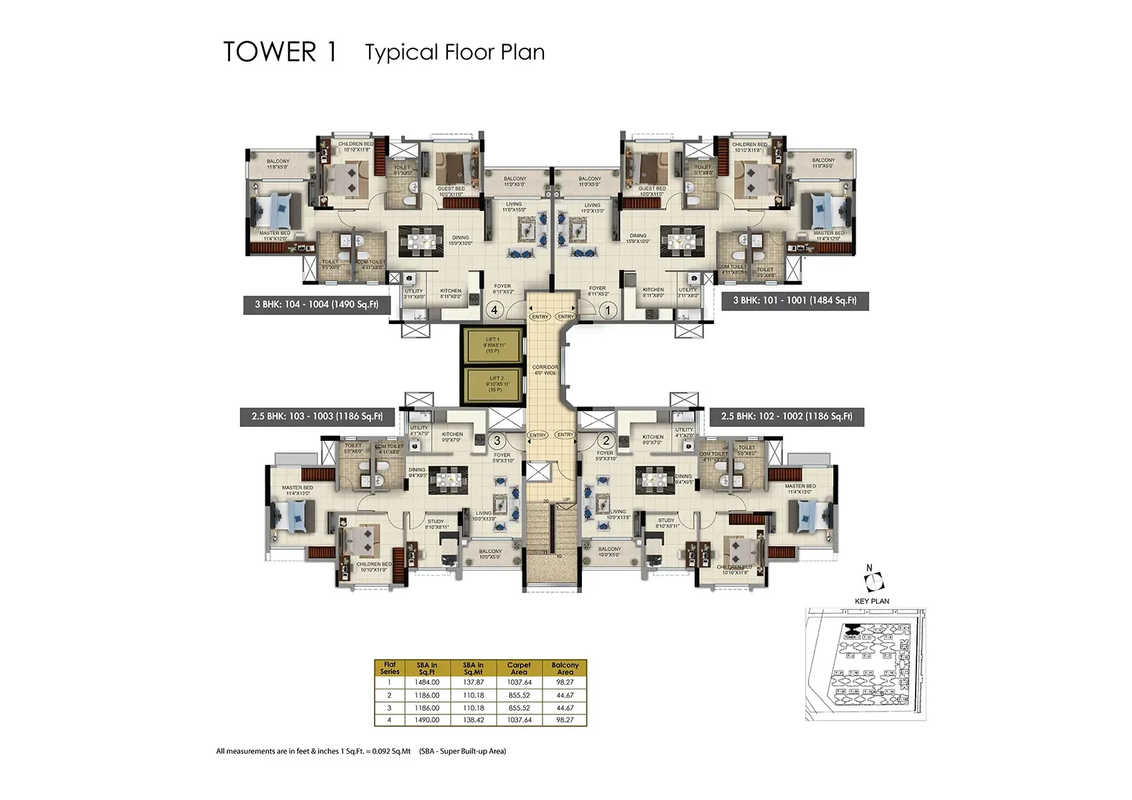 Sattva Vasanta Skye Tower 1 typical floor plan with 2.5 and 3 BHK unit schedule