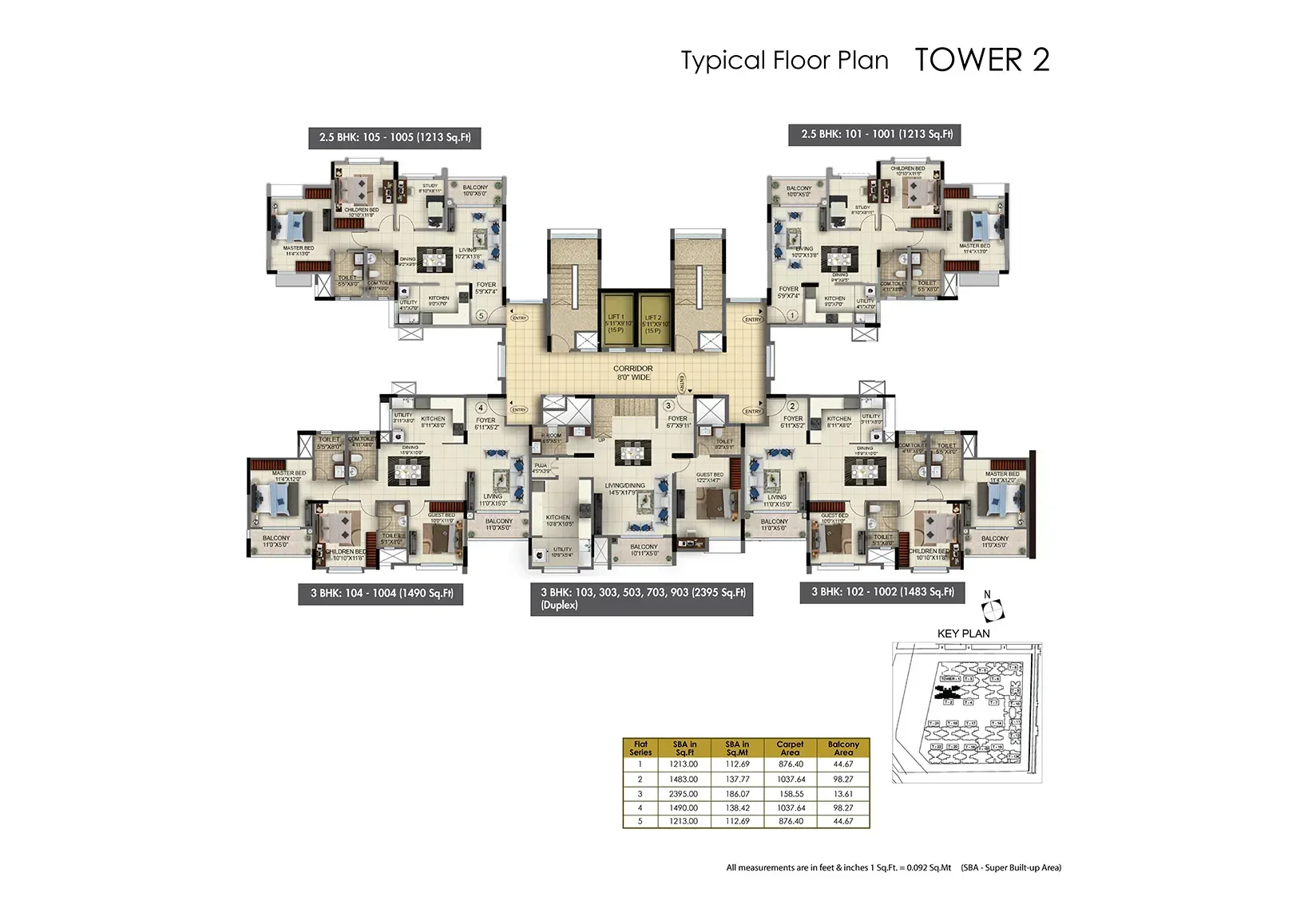 Sattva Vasanta Skye Tower 2 typical floor plan with 2.5 and 3 BHK duplex unit schedule