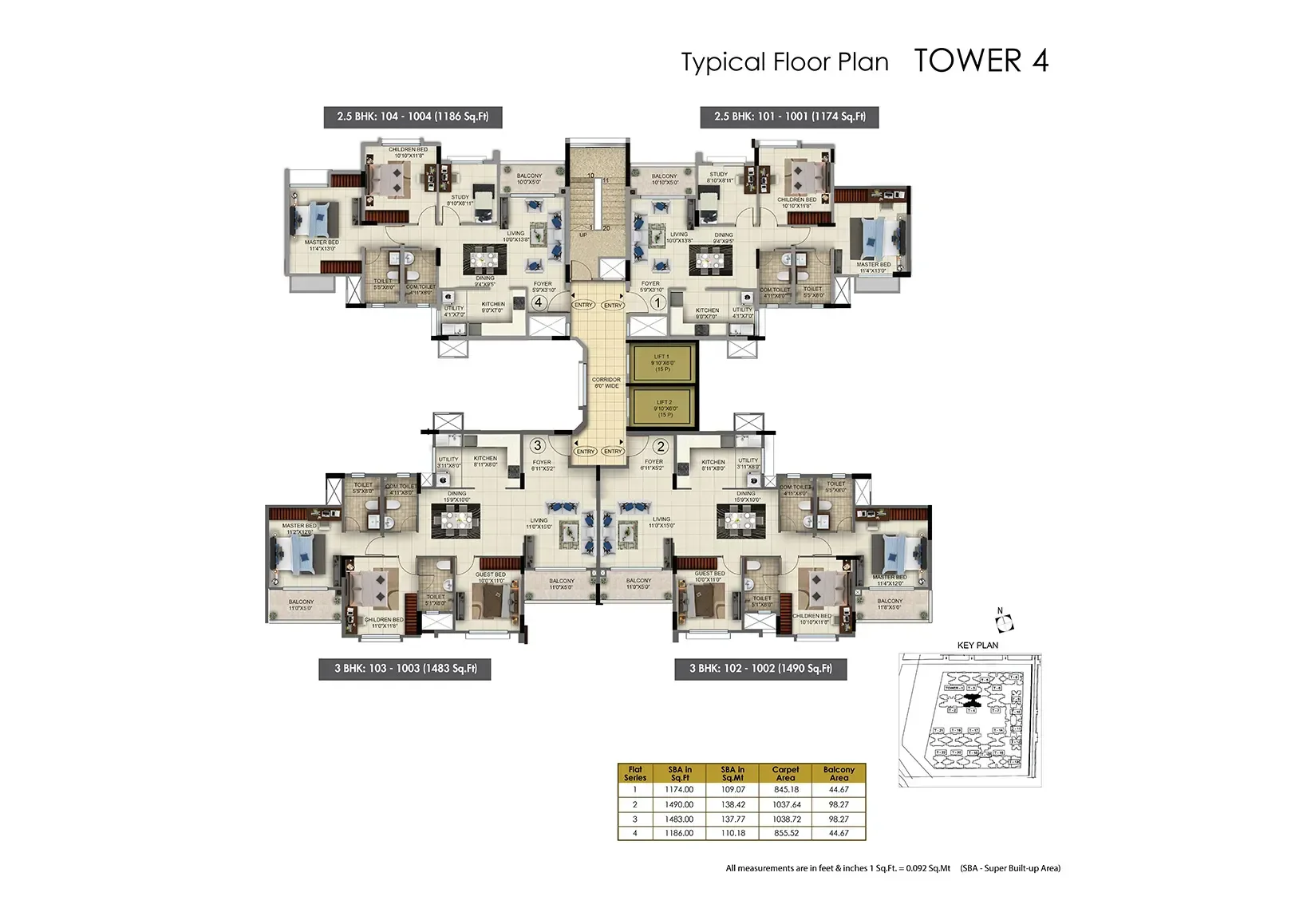 Sattva Vasanta Skye tower typical floor plan and unit schedule