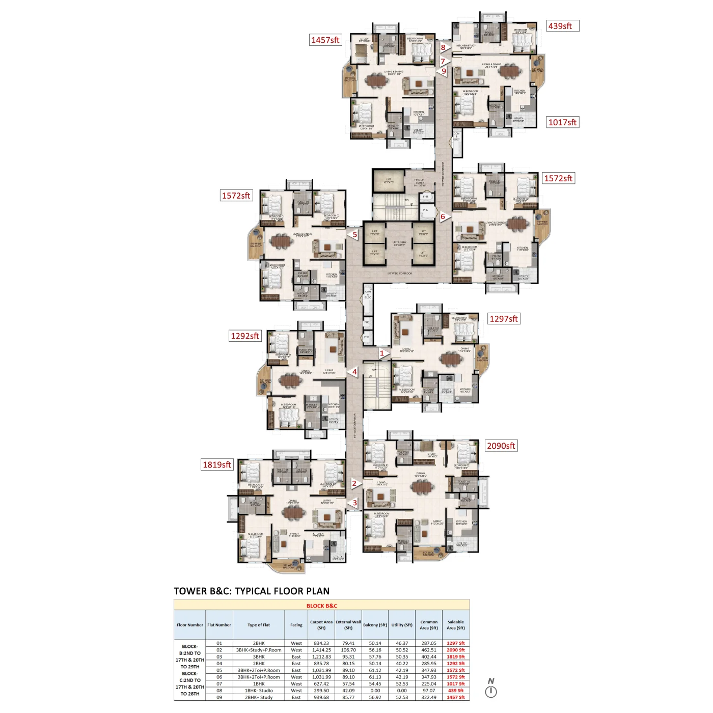 Aparna Wonder Woods Tower B & C Typical Floor Plan