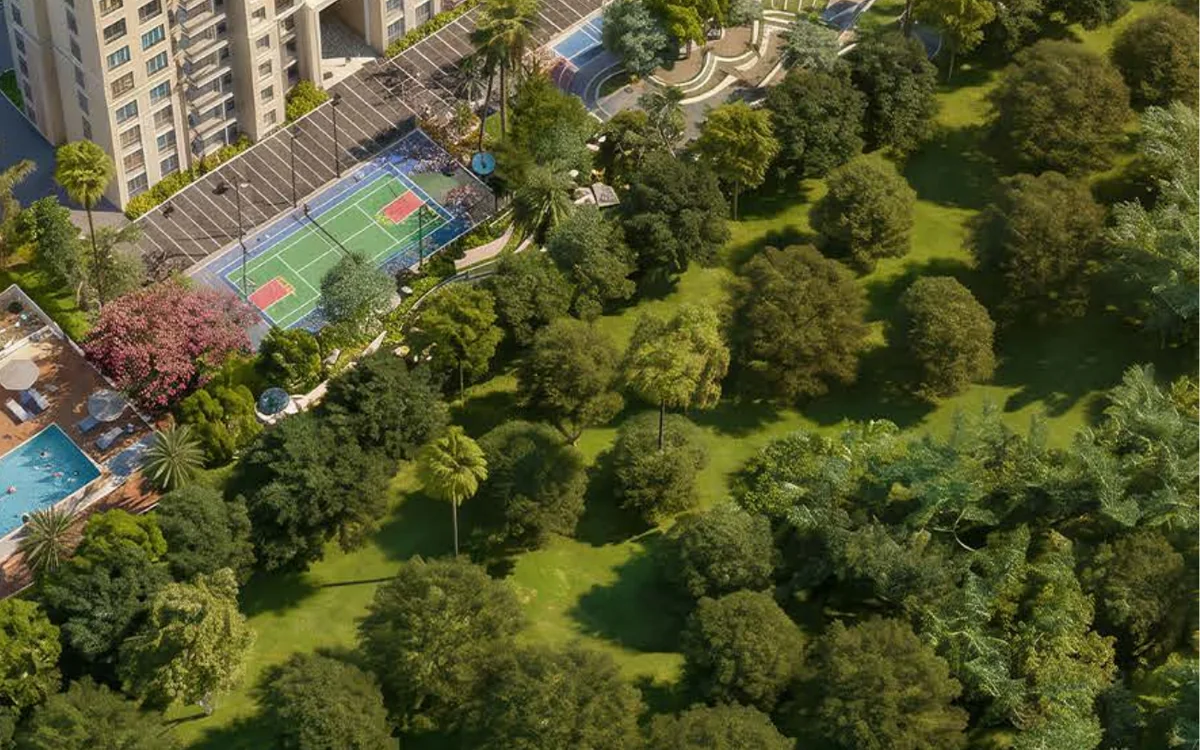 Concorde Sienna sports courts and landscaped open ground beside the tower
