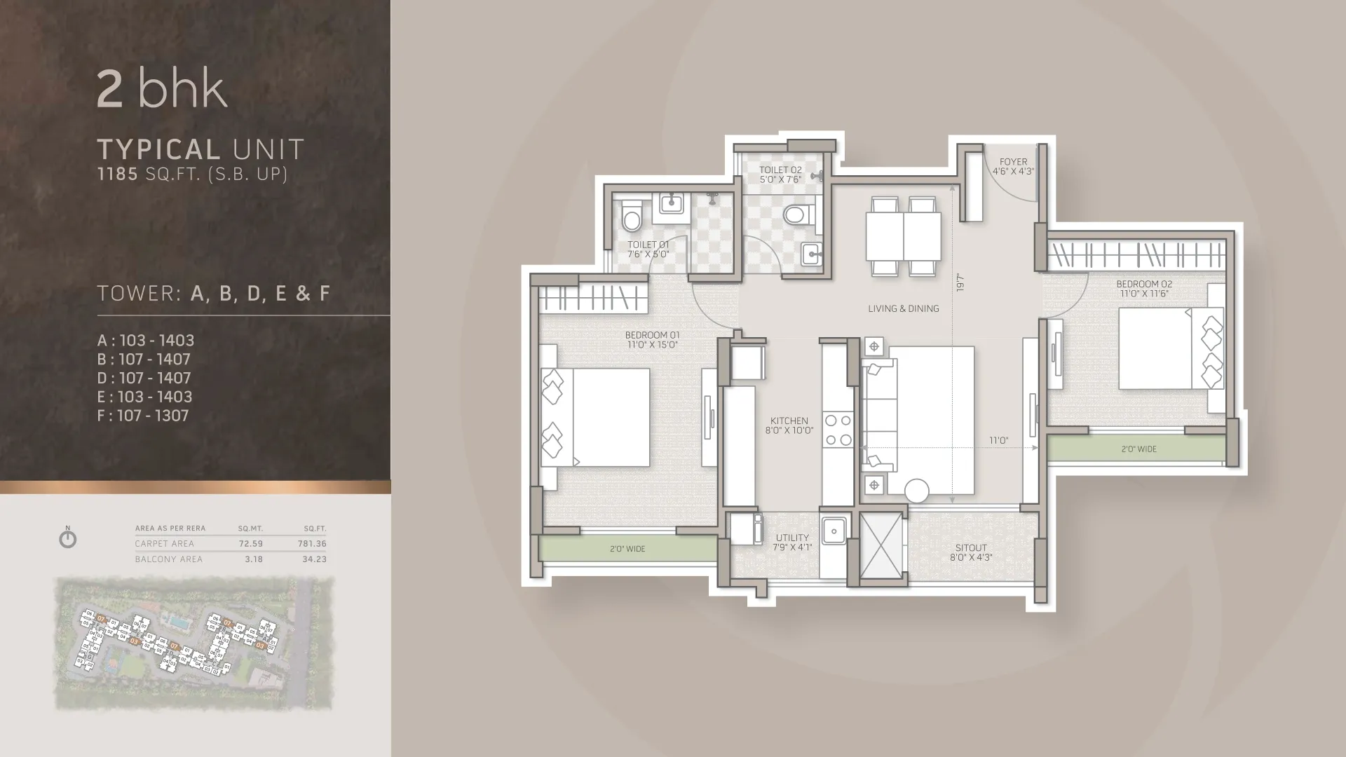 Orchid Salisbury 2 BHK floor plan, 1,185 sq ft