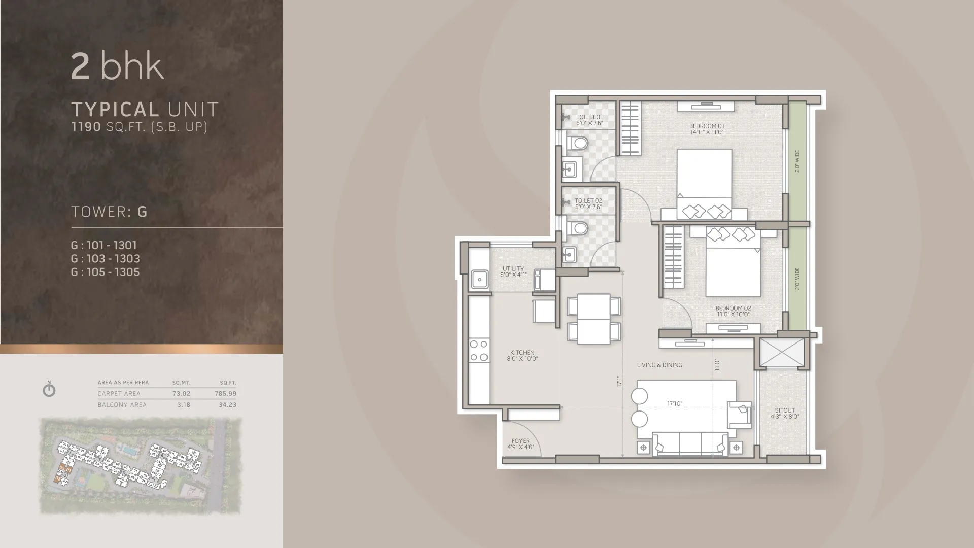 Orchid Salisbury 2 BHK floor plan, 1,190 sq ft