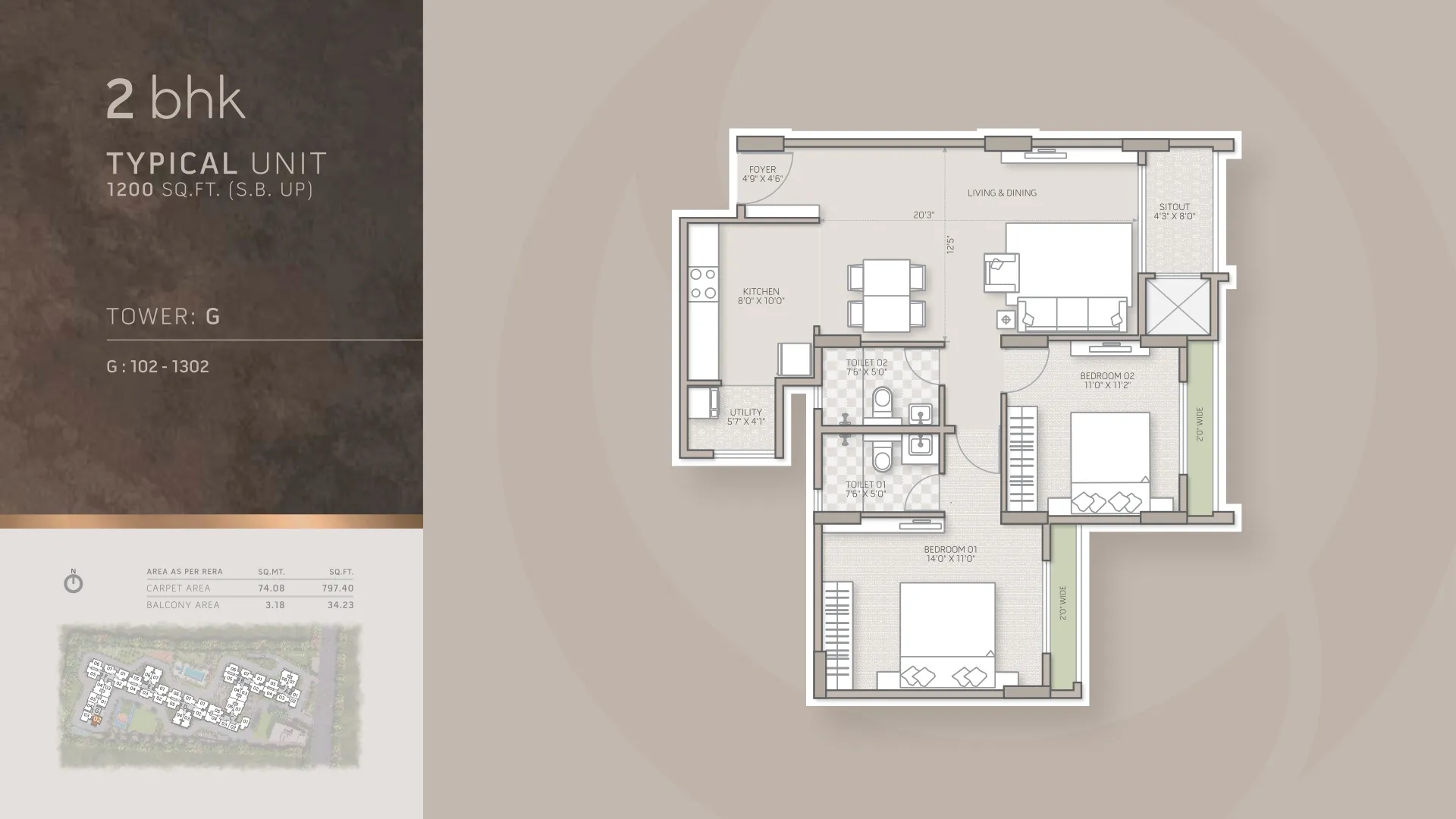 Orchid Salisbury 2 BHK floor plan, 1,200 sq ft