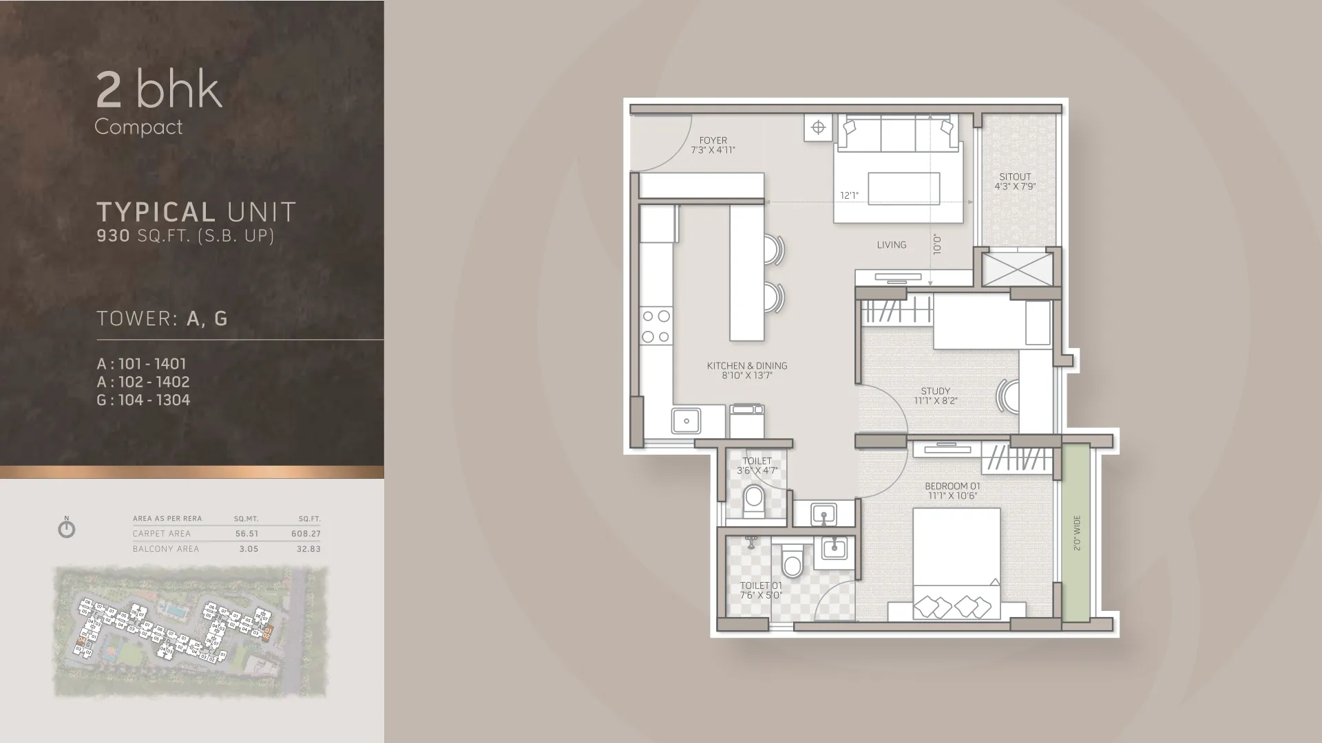 Orchid Salisbury 2 BHK Compact floor plan, 930 sq ft, Towers A and G