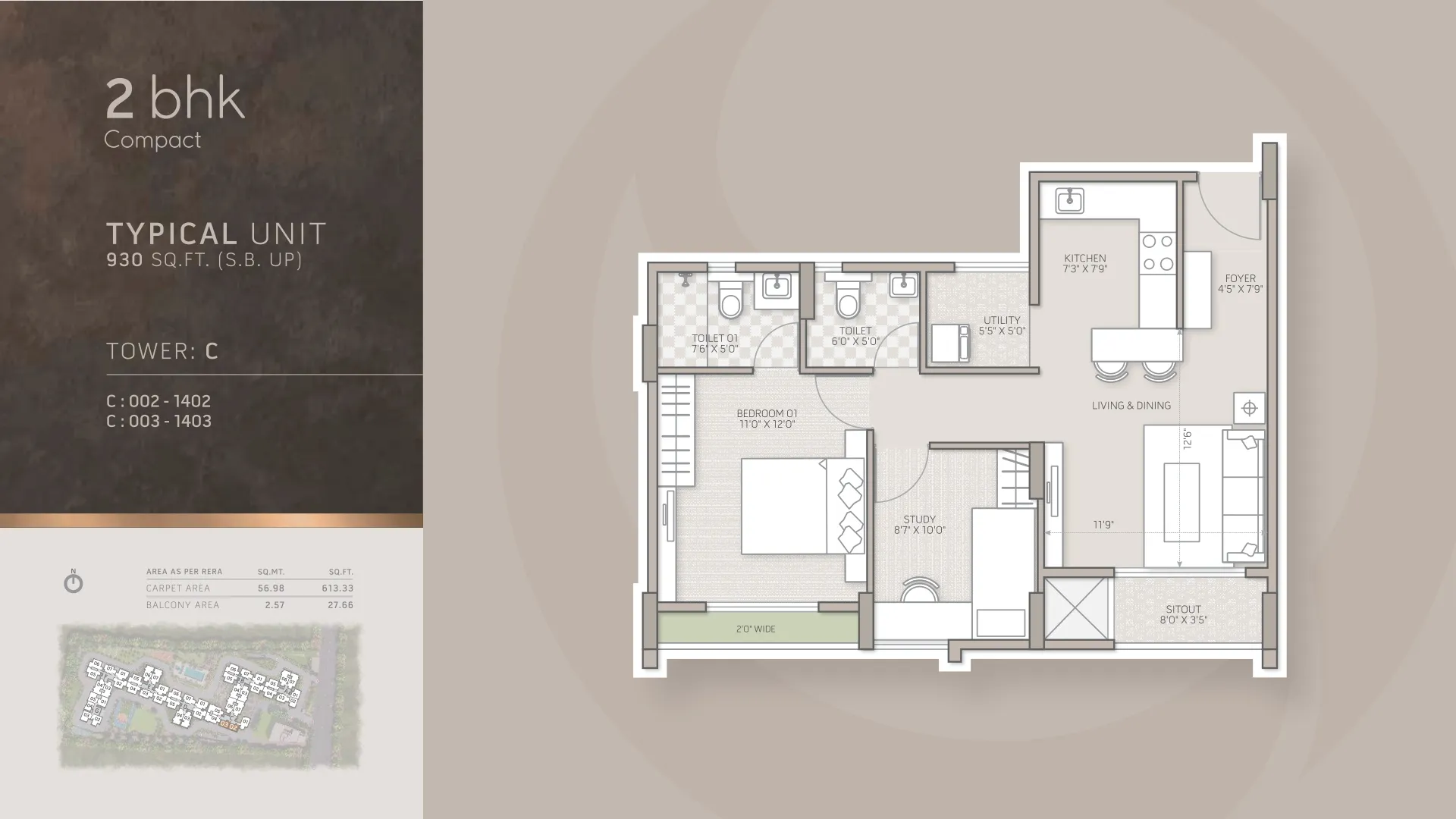 Orchid Salisbury 2 BHK Compact floor plan, 930 sq ft, Tower C