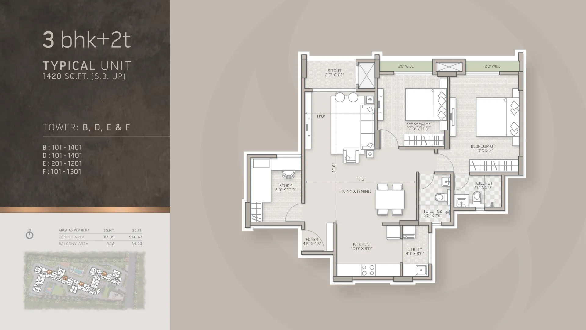Orchid Salisbury 3 BHK + 2T floor plan, 1,420 sq ft