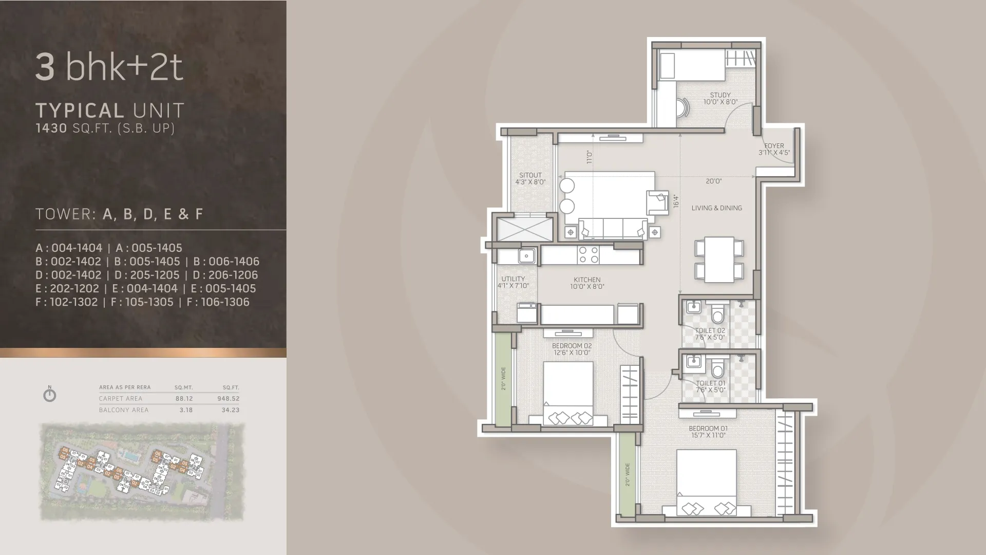 Orchid Salisbury 3 BHK + 2T floor plan, 1,430 sq ft