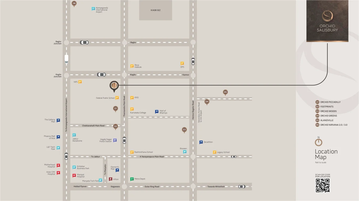 Orchid Salisbury location map with Thanisandra Main Road, Hennur Bagalur Road, Manyata Tech Park, Elements Mall and Kempegowda Airport