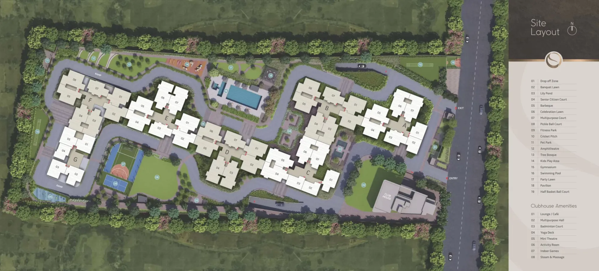 Orchid Salisbury site layout with towers A to G, clubhouse, swimming pool and outdoor amenities numbered 1 to 19