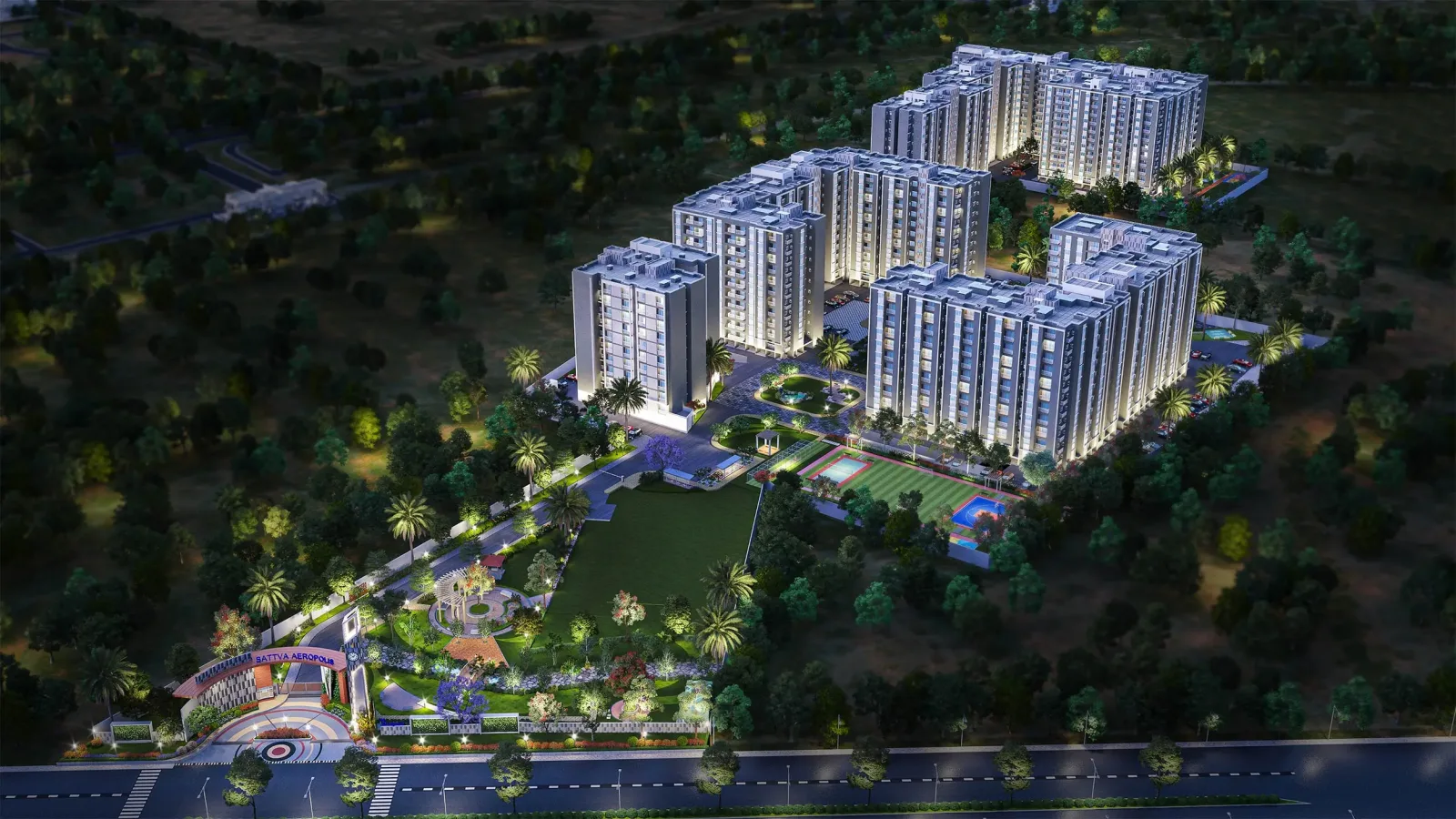 Sattva Aeropolis township aerial night view with landscaped central spine