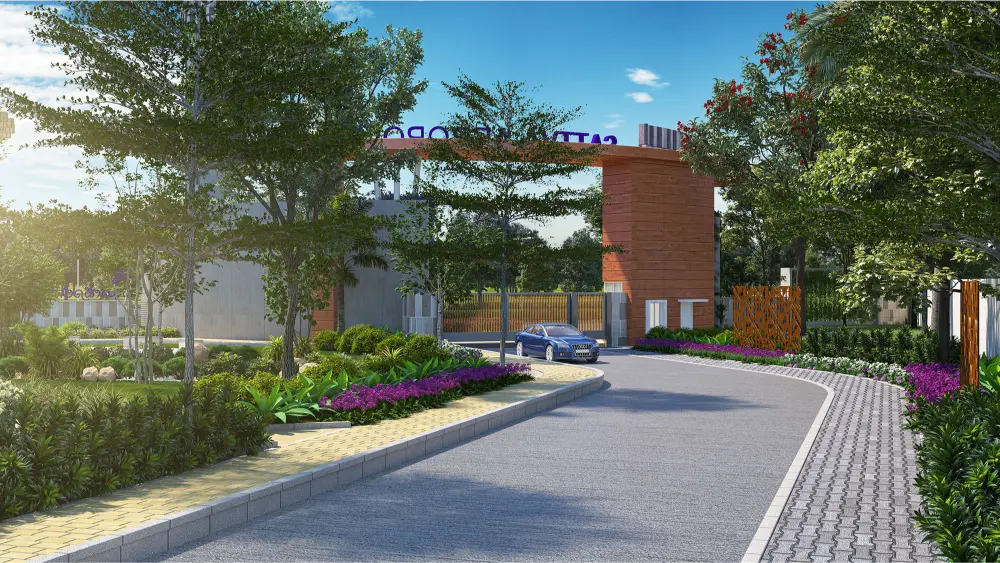 Sattva Aeropolis tree-lined entrance driveway