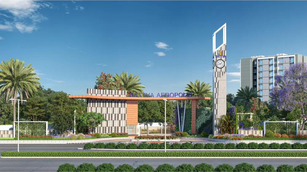 Sattva Aeropolis main entrance gate with clock tower