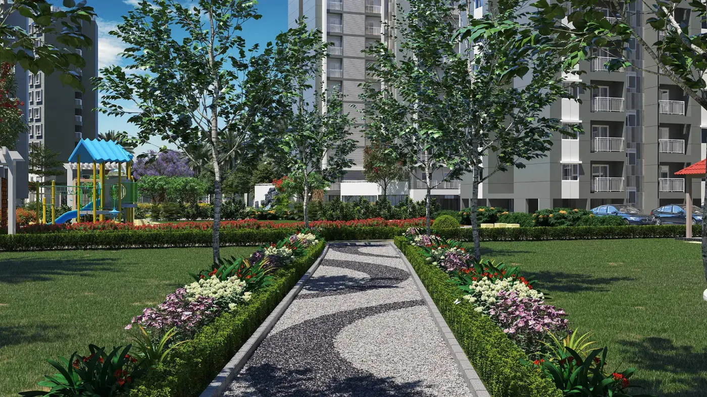 Sattva Aeropolis foot reflexology path through landscaped garden