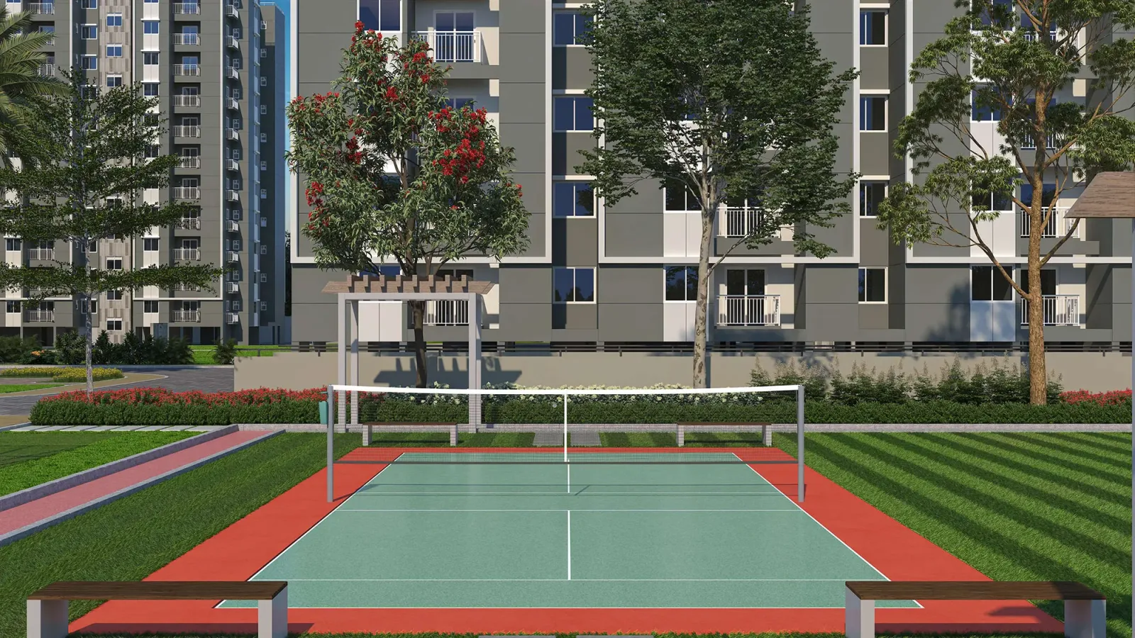 Sattva Aeropolis tennis court between towers